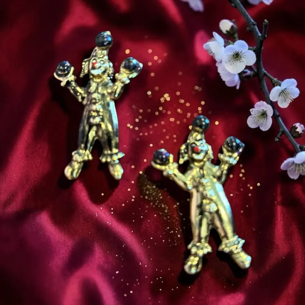 Vintage Juggling Clown Brooch Pair Black Glass Balls Circus Kitsch Scatter Pins